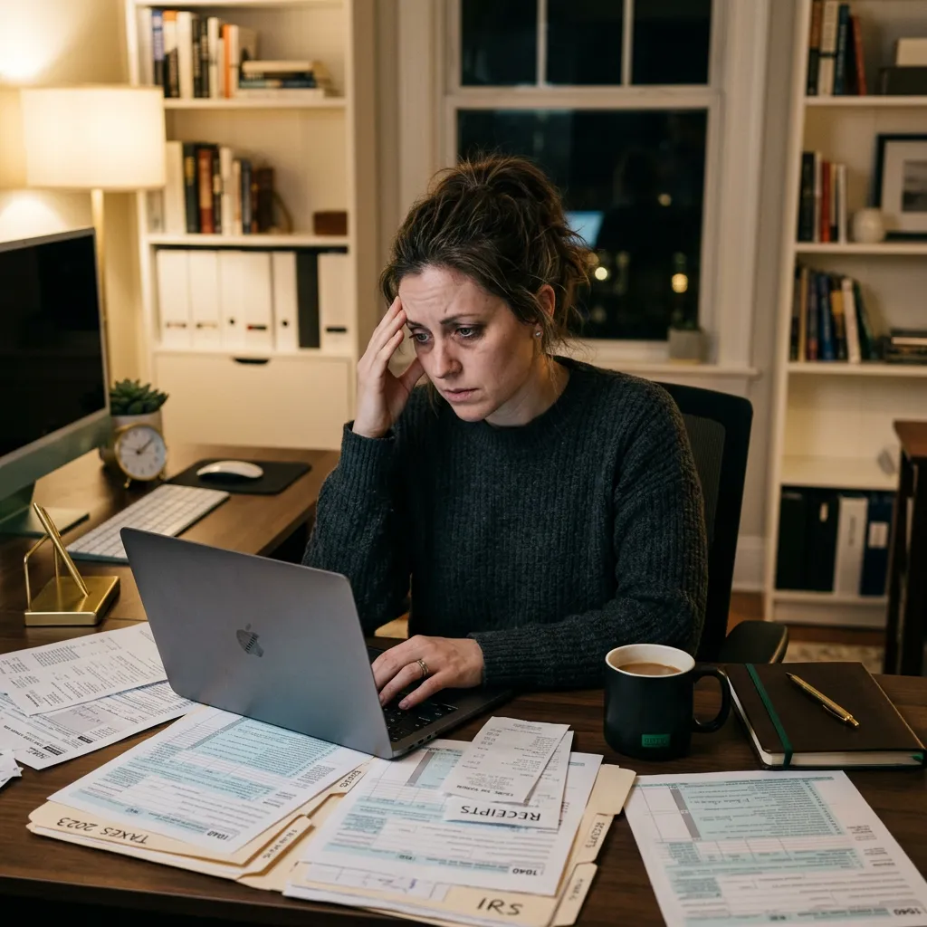 Stressed person looking at confusing tax documents and forms
