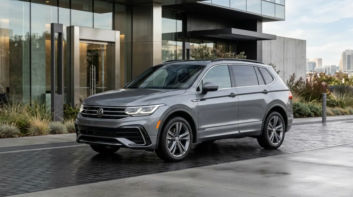 Grey modern SUV angled towards the viewer