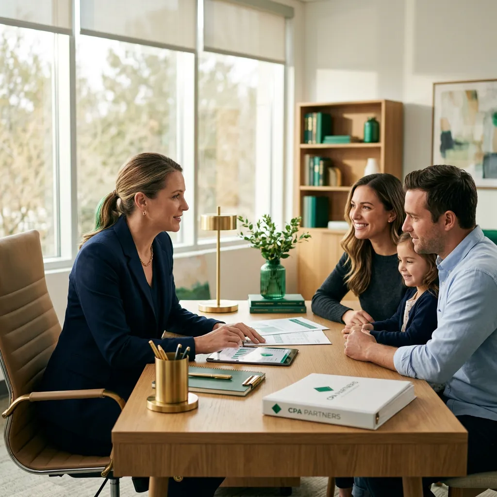 Calm professional CPA accountant consulting with a relaxed client in a serene modern office