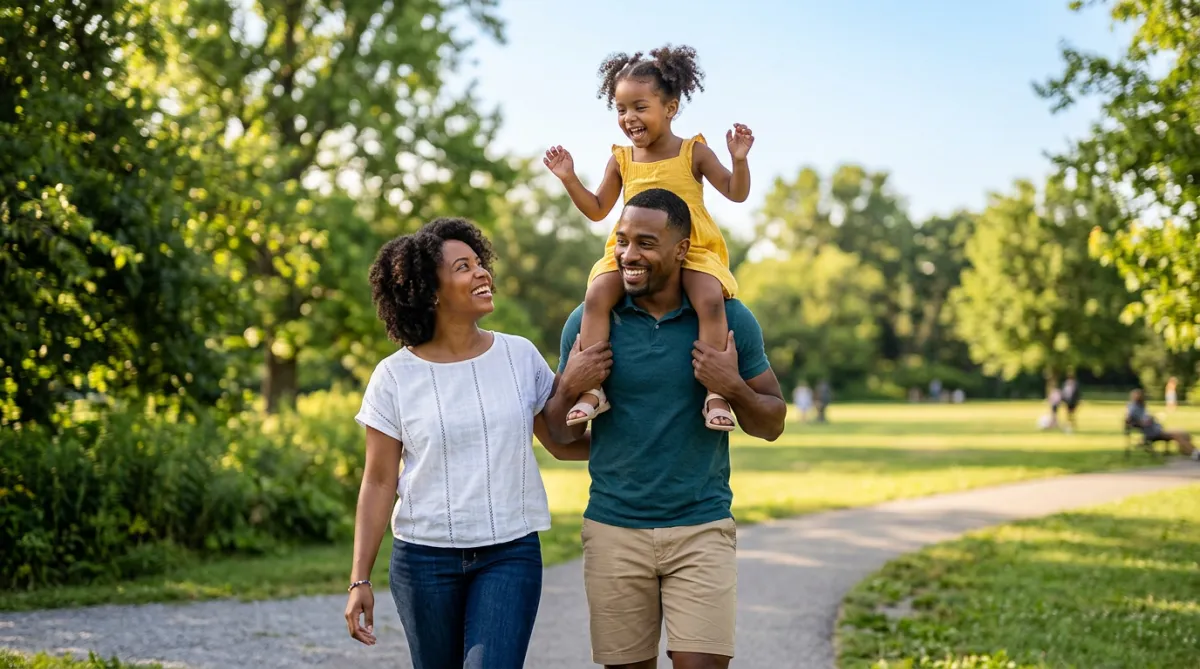 Happy African American family (father carrying daughter on his shoulders, mother smiling) outdoors