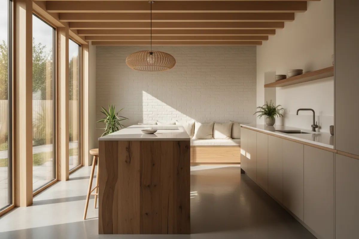 Rénovation résidentielle — cuisine moderne, lumière naturelle, finitions soignées