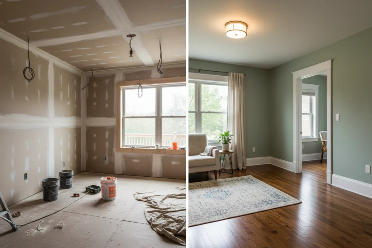 Montage photo avant après d’une même cuisine : à gauche cuisine ancienne sombre avec meubles datés, à droite cuisine rénovée claire avec îlot, crédence moderne et éclairage travaillé, vue frontale légèrement en angle.