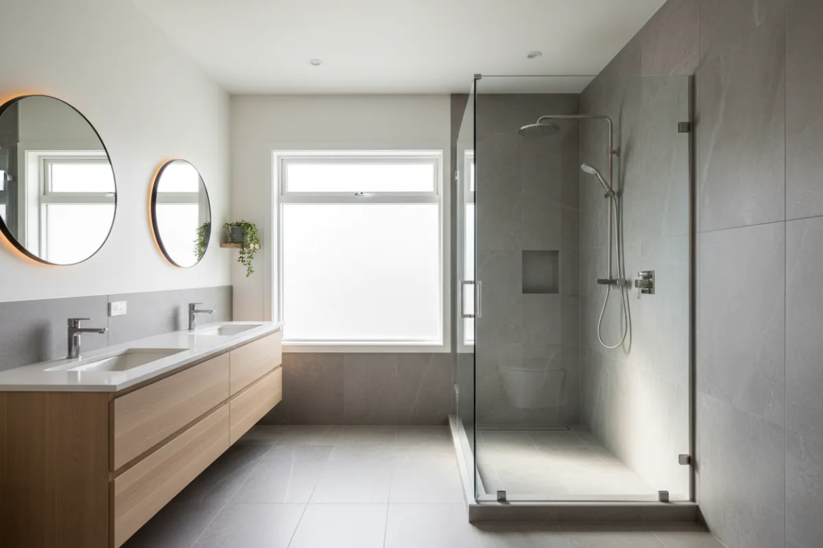 Salle de bain rénovée moderne avec carrelage, meuble-lavabo et éclairage
