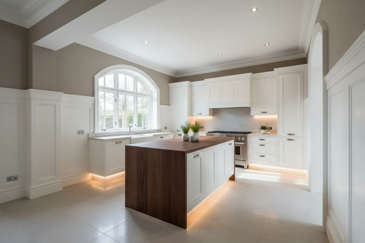 Finition intérieure : pose de parquet et plinthes, pièce lumineuse avec détails de menuiserie.