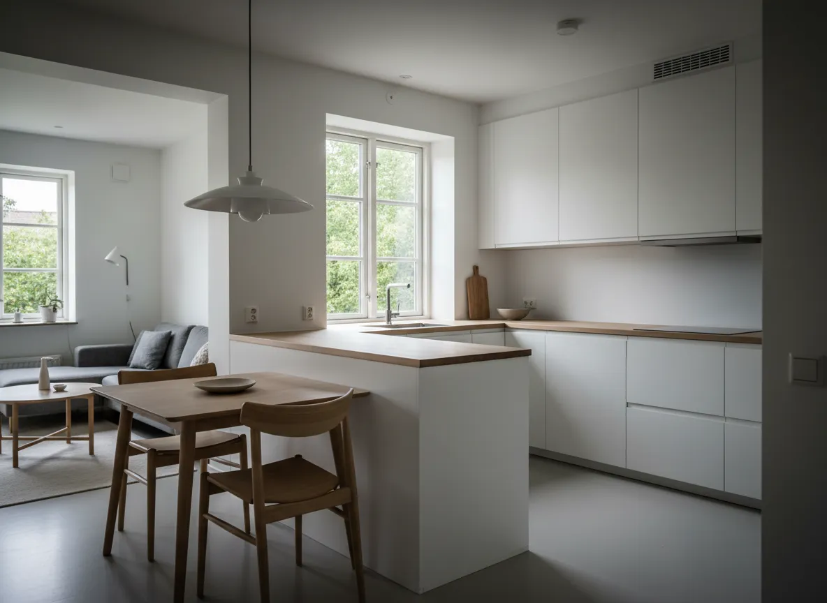 Cuisine rénovée de style scandinave, meubles blancs, plan de travail bois clair, grande fenêtre apportant de la lumière naturelle, vue en angle montrant le linéaire et la table à manger attenante.