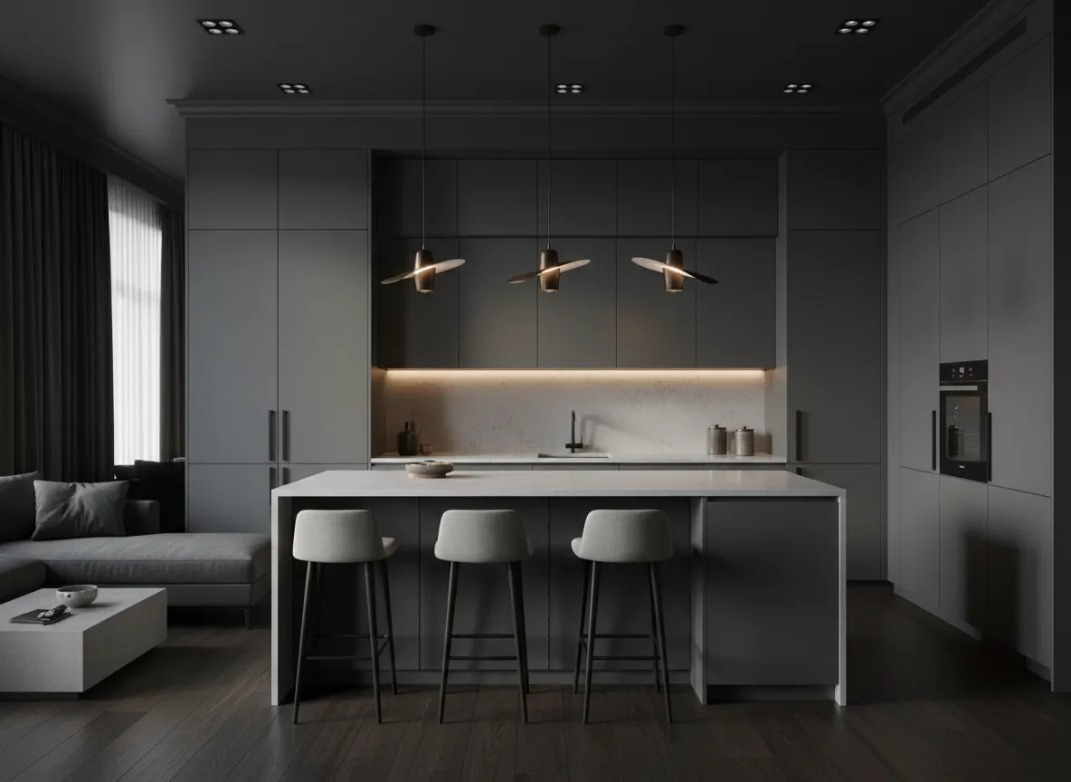 Cuisine rénovée dans un appartement urbain, façades gris anthracite, plan de travail quartz clair, îlot central avec tabourets de bar et suspensions design au-dessus, vue large du sol au plafond.