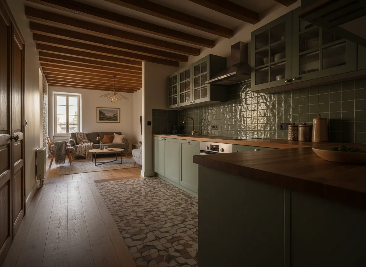 Cuisine rénovée dans une maison ancienne, poutres apparentes, mélange de façades vert sauge et bois, crédence en zellige, vue prise de biais montrant la continuité avec le salon.