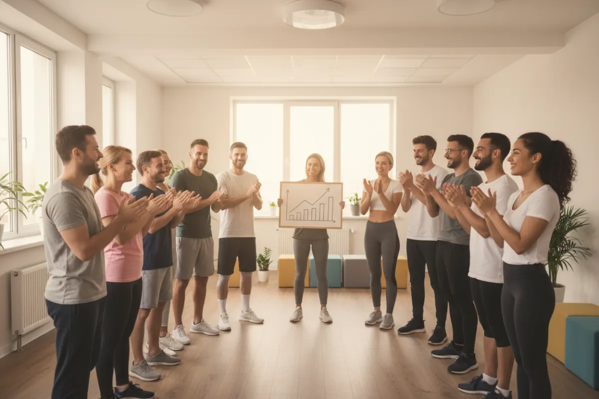Un grupo diverso de personas sonríe y aplaude en una sala de entrenamiento, con un entrenador al frente mostrando una pizarra con gráficos de progreso. La escena transmite comunidad, logro y apoyo, ideal para ilustrar historias de éxito en coaching personalizado.