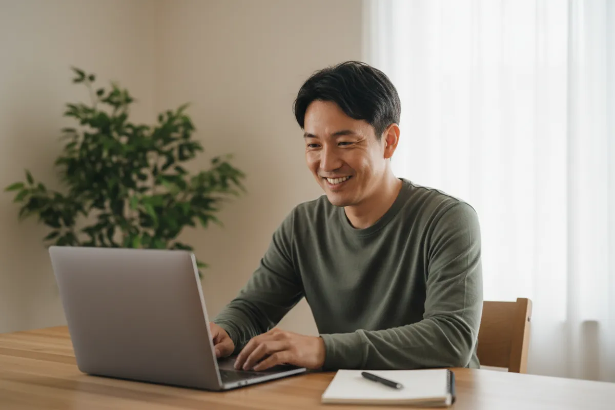 Un entrenador sonriente en videollamada, fondo con planta y luz natural, transmite cercanía y profesionalismo.
