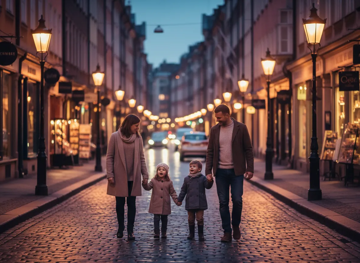 Parents with kids exploring a city at night