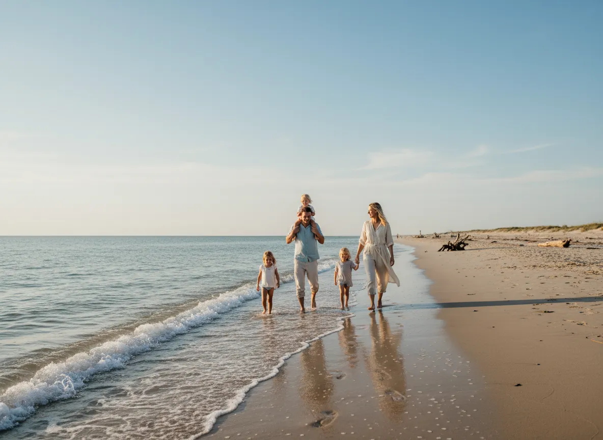 Family walking along a sunny beach