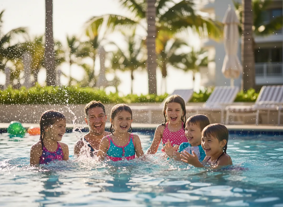 Kids playing in a resort pool