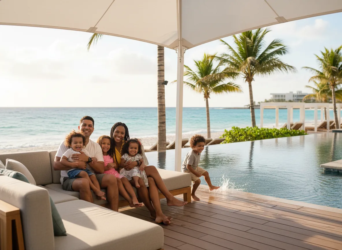 Happy family relaxing together on vacation by the beach