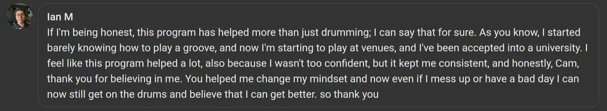 Testimonial screenshot from Ian M