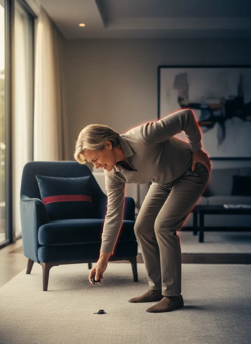 Adult wincing while reaching out, experiencing sudden low back pain