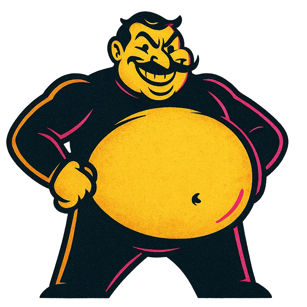 A cartoonish heavy belly with a mischievous grin sabotaging a man, depicted in a retro 80s comic style