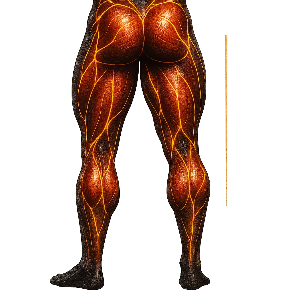 31 Legs strength-map graphic showing quads, glutes, hamstrings, and calves