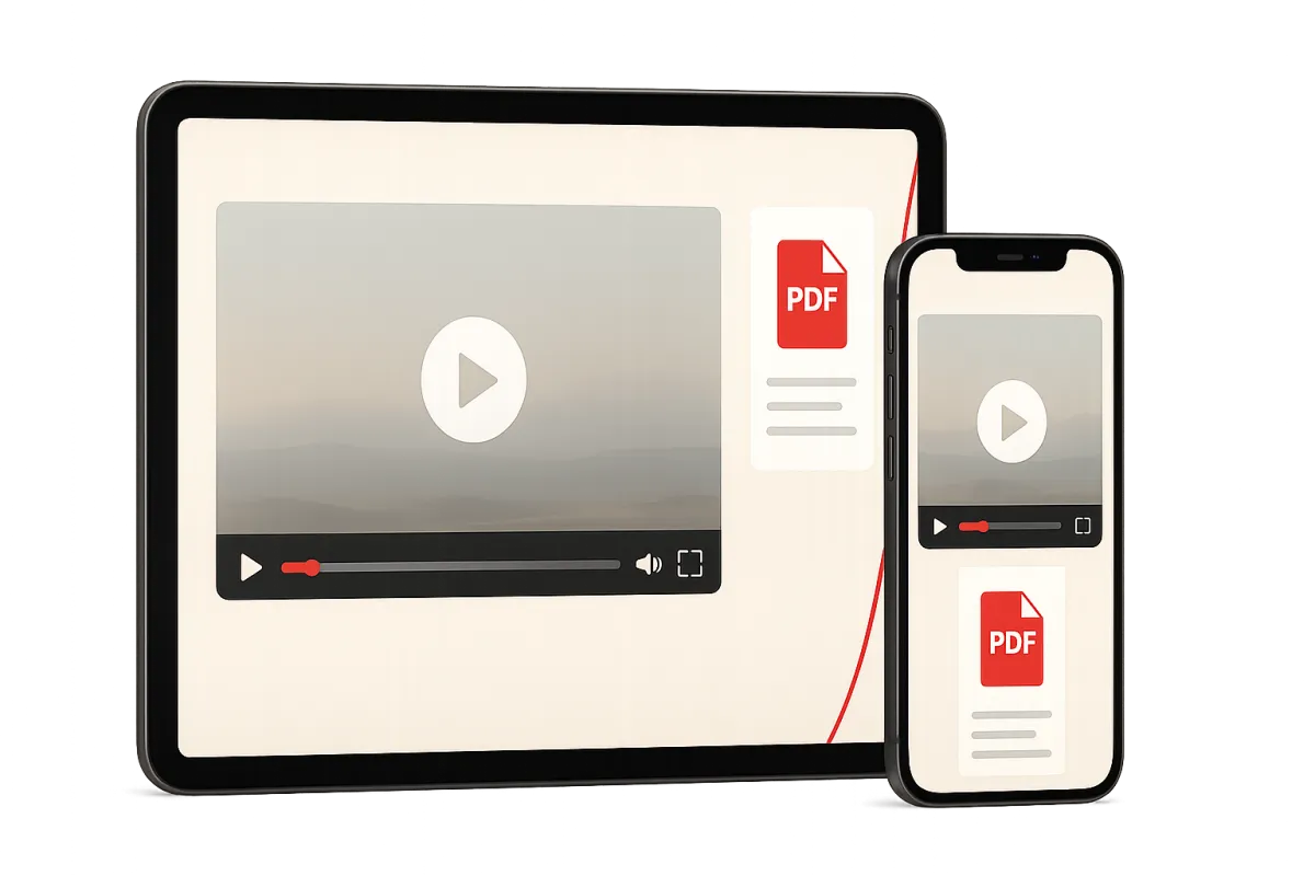 NOGA12 Low Back program interface on tablet and phone showing follow-along videos and companion PDF guide