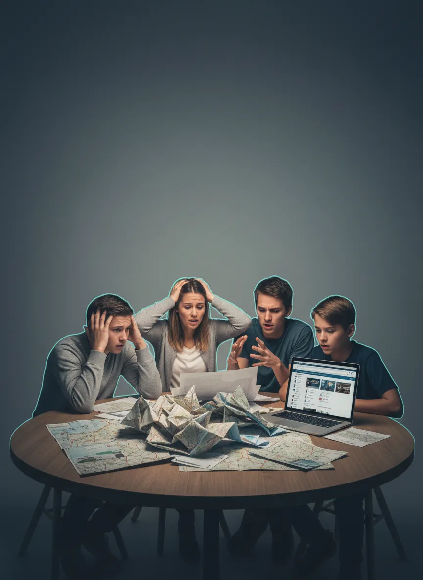Family looking overwhelmed while planning travel
