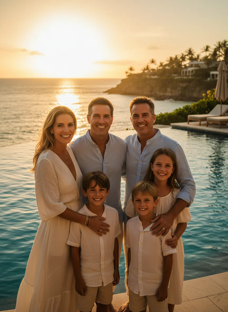 Relaxed family enjoying a beautiful sunset on a perfectly planned vacation