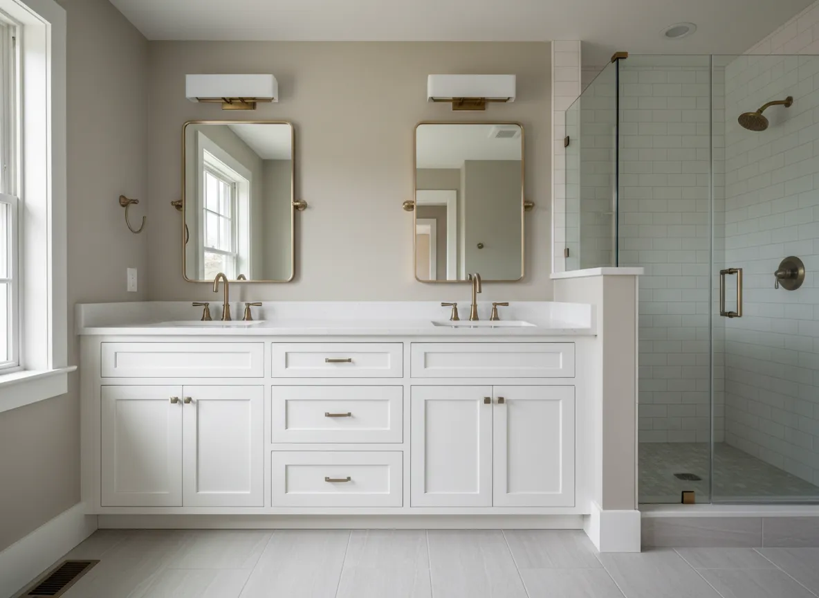 Modern white and brass bathroom remodel in Battle Creek, MI