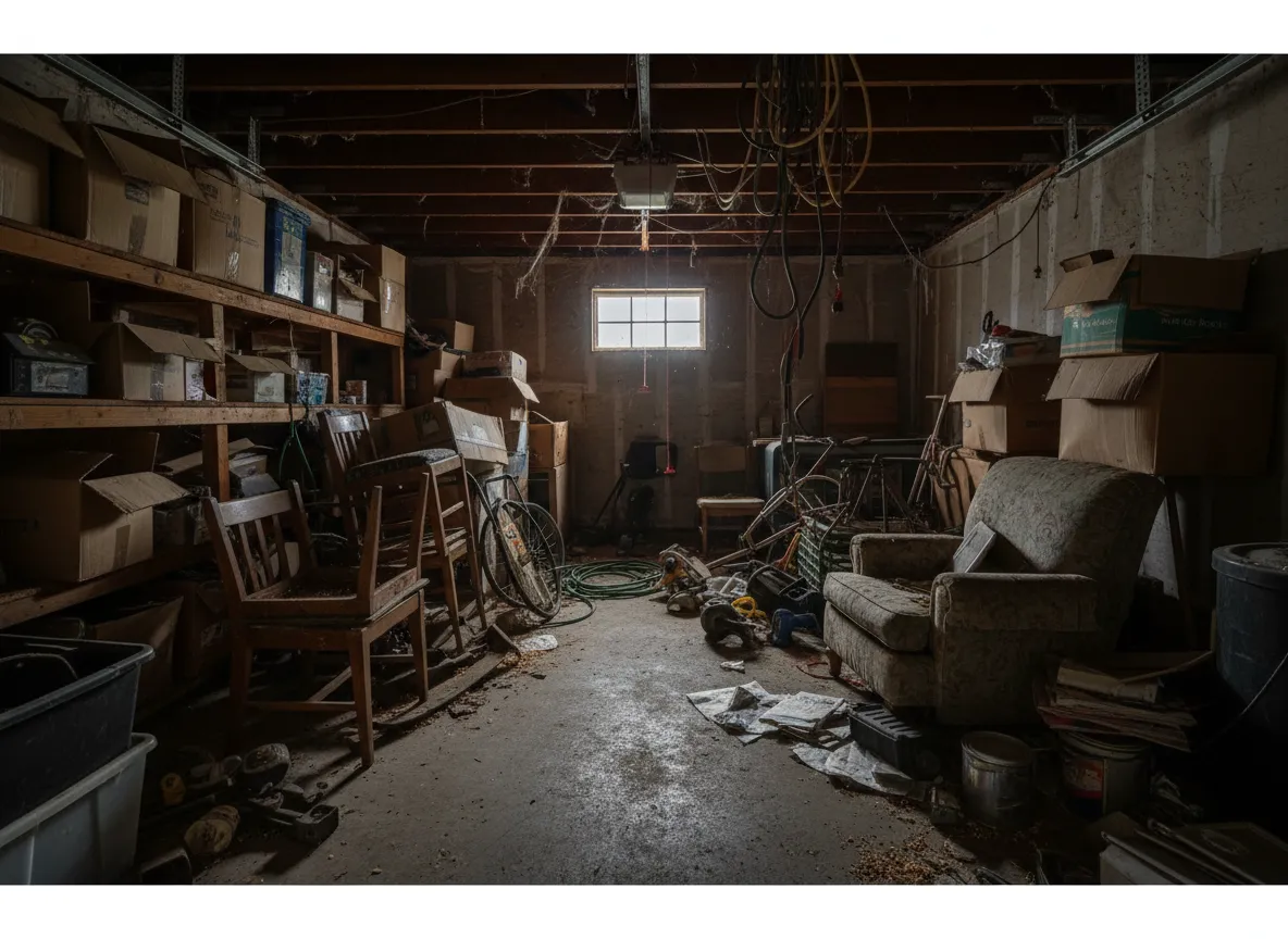 Garage filled with junk before cleanout