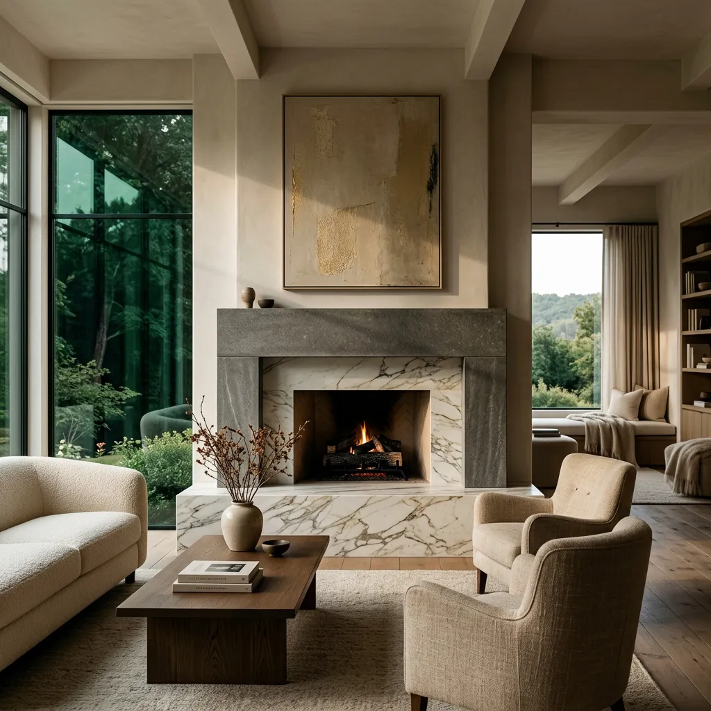 Honed Calacatta marble hearth and monolithic stone fireplace mantle