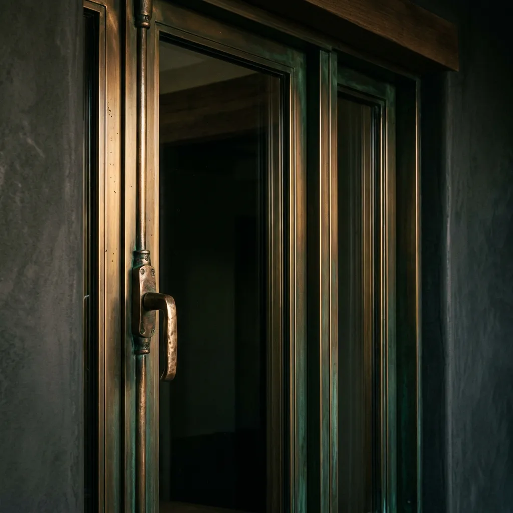 Custom patinated bronze casement windows and solid hardware detailing