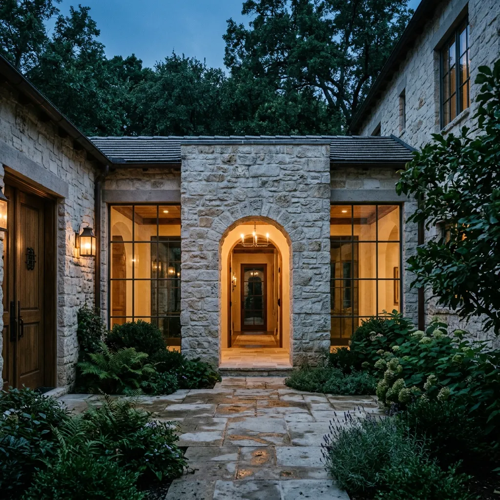 Quarried limestone block masonry and exterior courtyard transition
