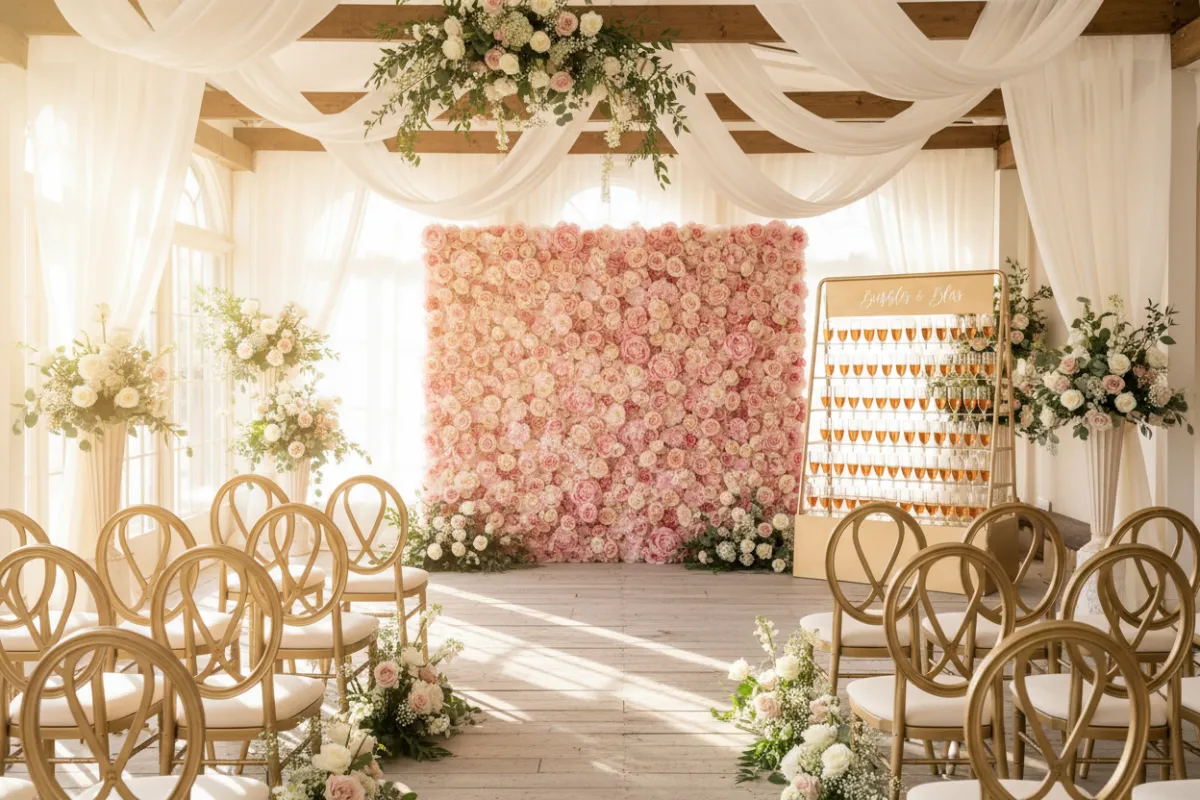 A wide shot of a sunlit wedding venue featuring a blush pink flower wall, vintage gold-rimmed chairs, and a champagne wall, all styled with soft ivory drapery and delicate floral arrangements. The scene is bathed in warm, natural light, evoking a romantic, vintage-luxury atmosphere.