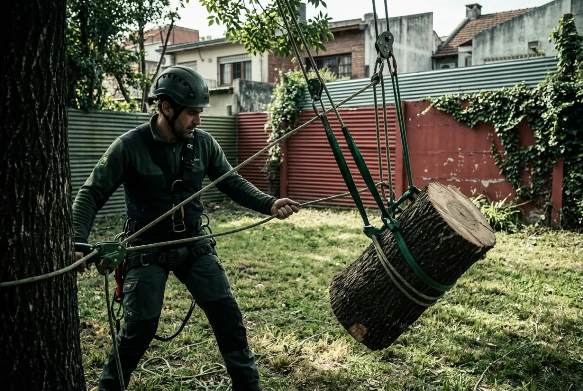Desmonte controlado por secciones de árbol riesgoso en patio residencial