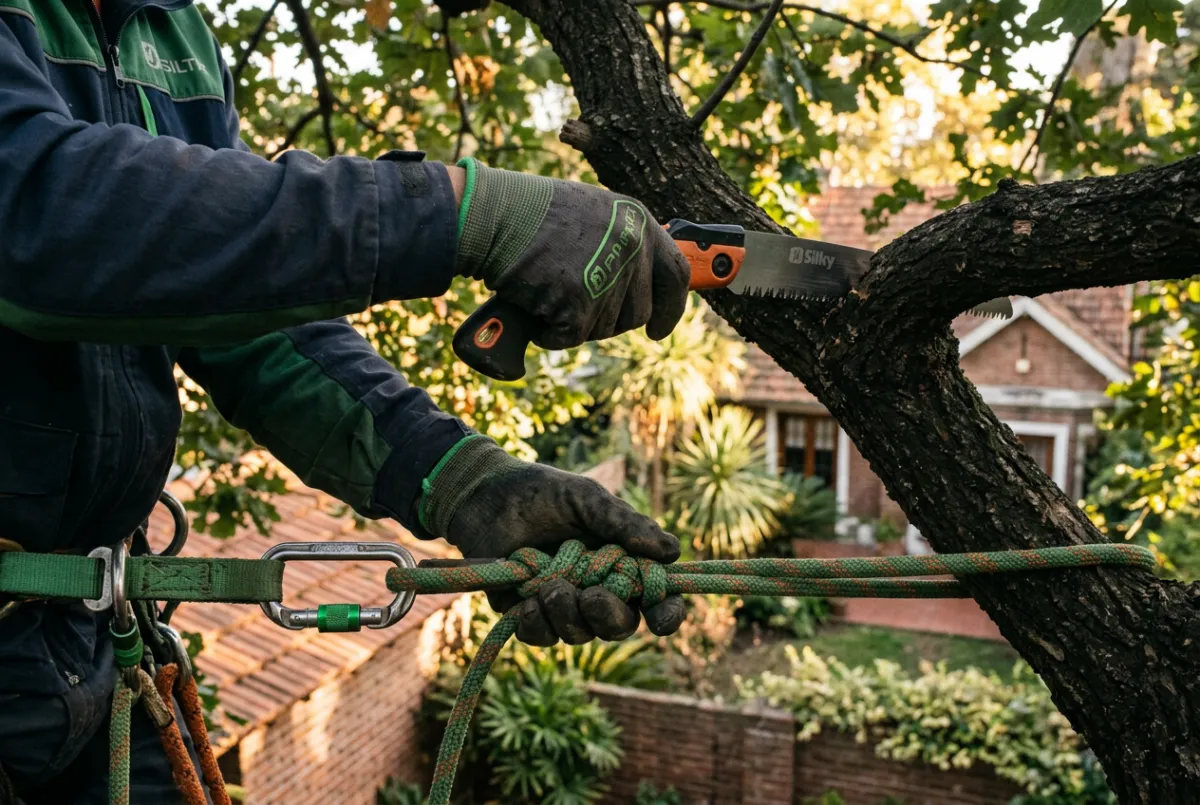 Arborista ejecutando poda en altura con cuerdas en jardín residencial de Buenos Aires