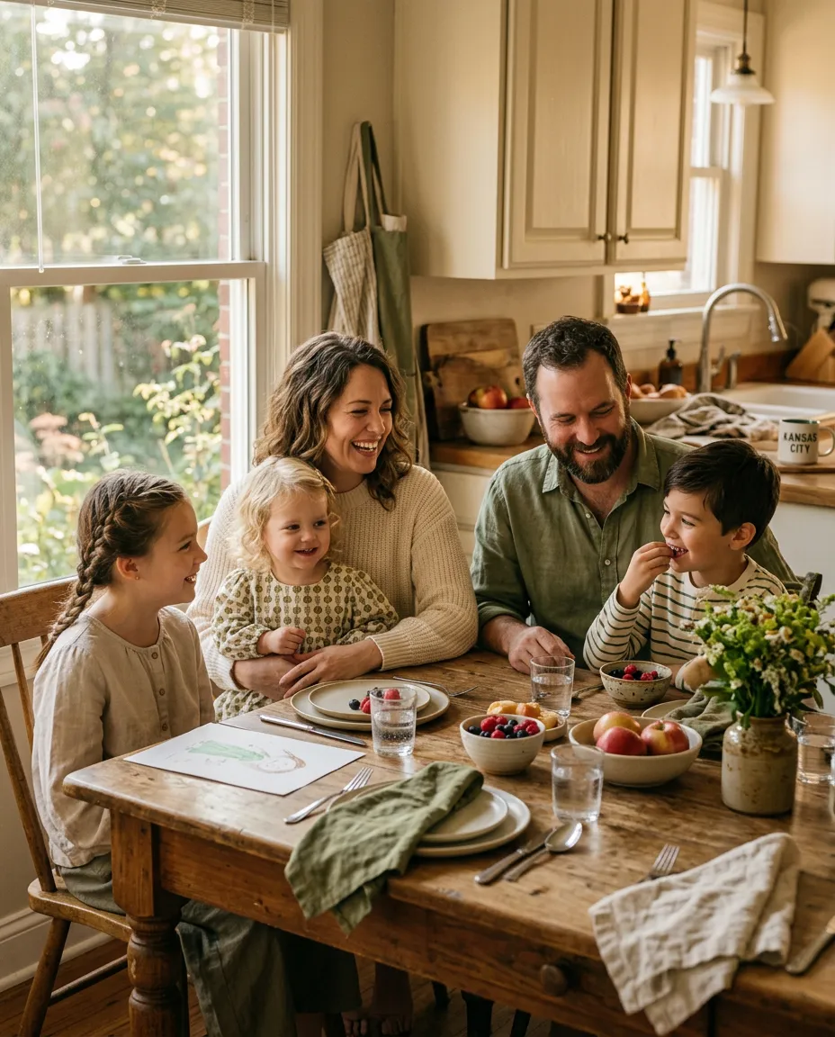 Warm family gathered around a kitchen table in natural window light