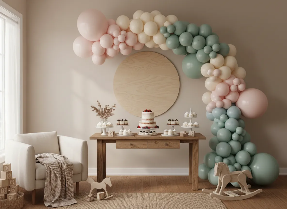 Indoor balloon backdrop for baby shower in pastel colors