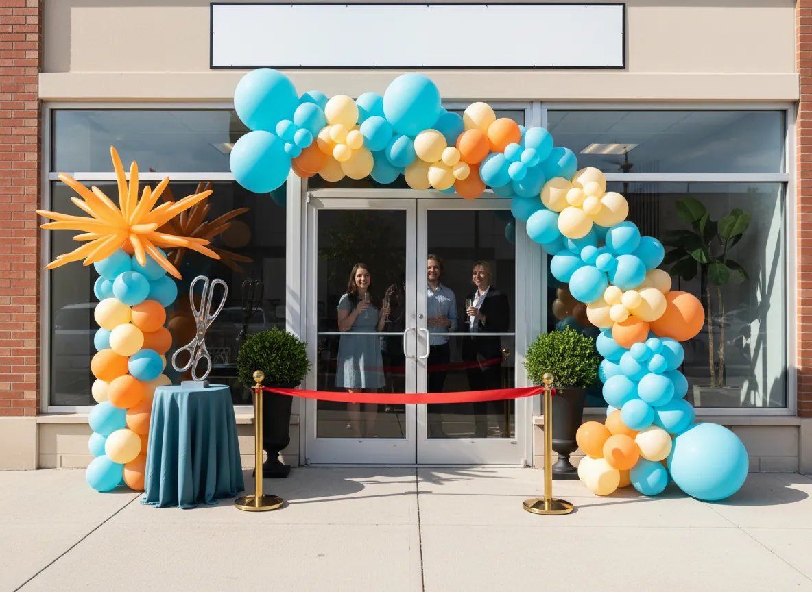 Balloon decor for grand opening with branded colors