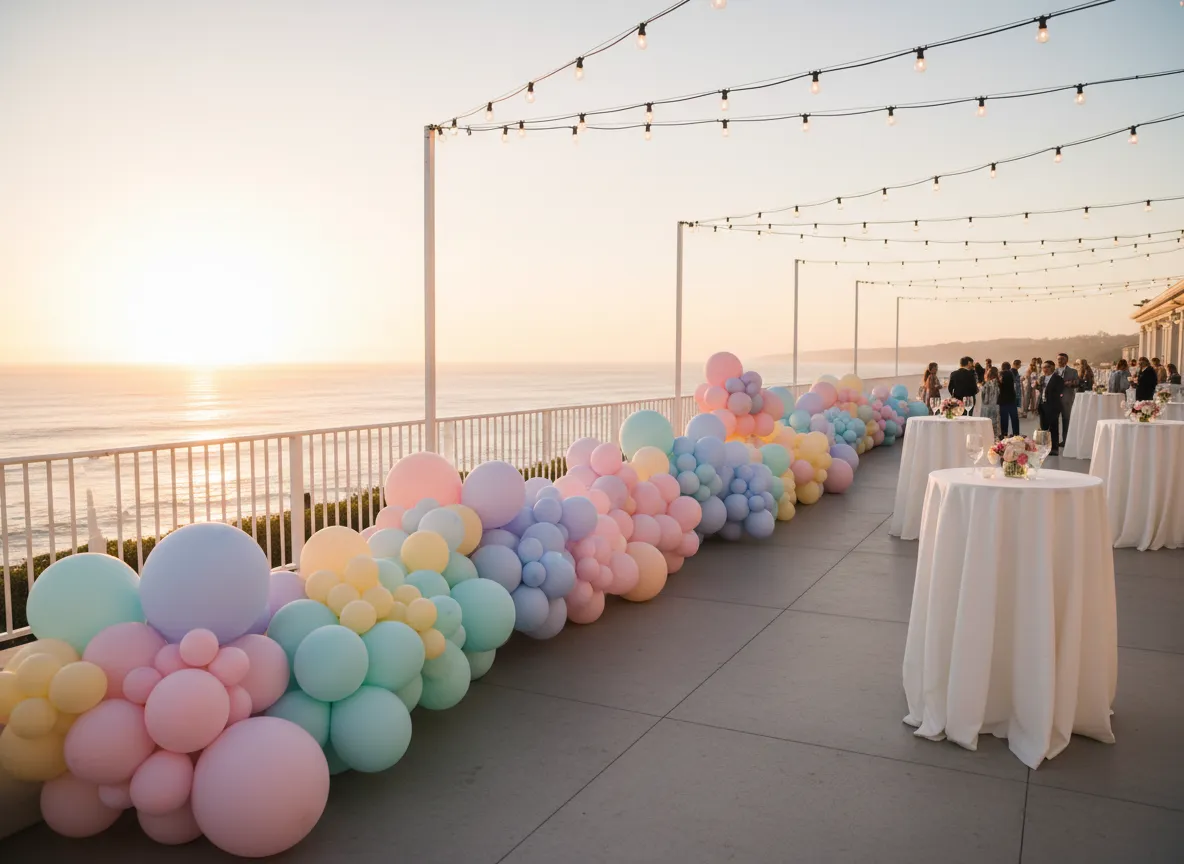 Organic pastel balloon garland on coastal terrace in Newport Beach