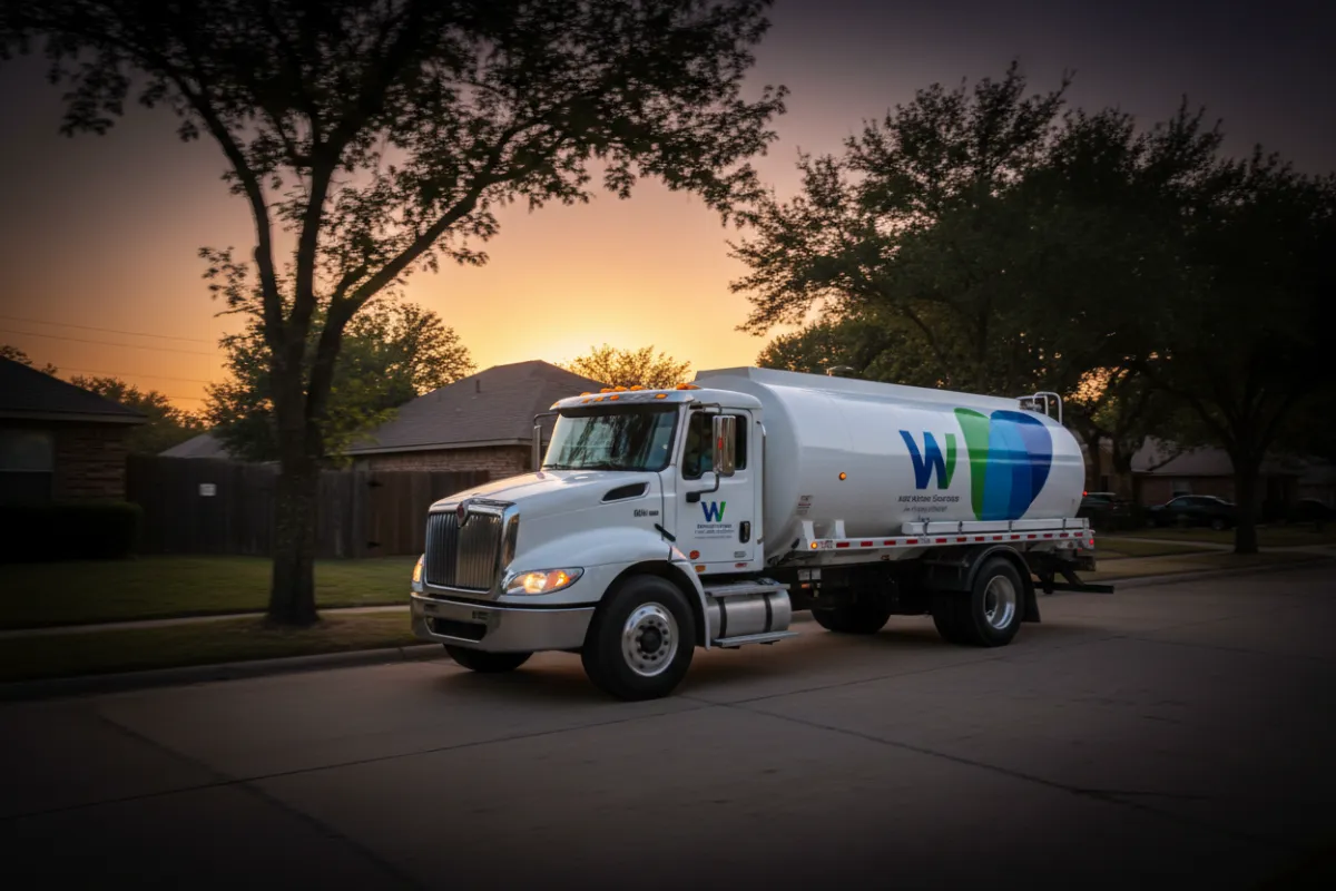 Septic truck driving to a customer in the U.S. at sunset