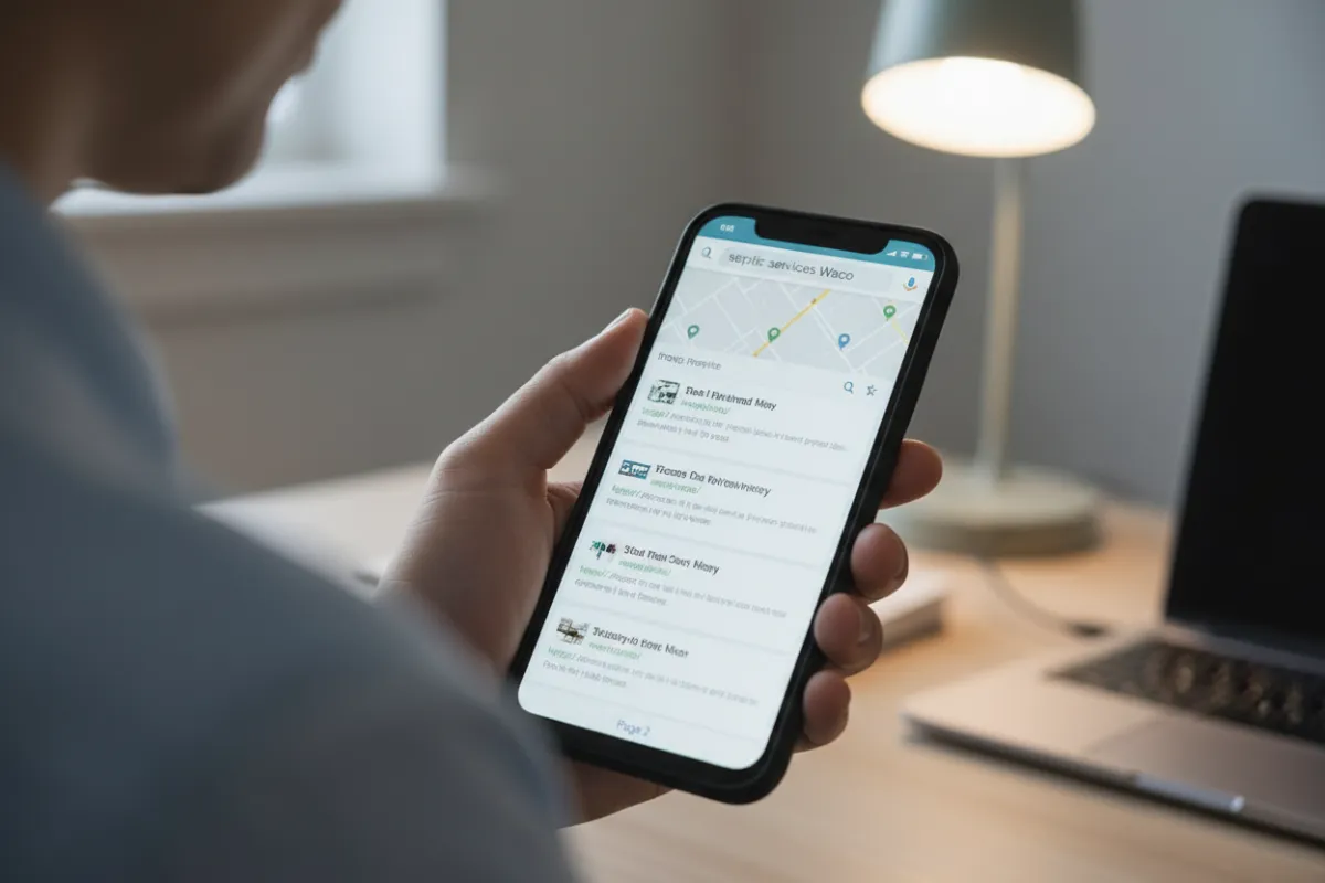 Google search results showing septic companies competing nationwide