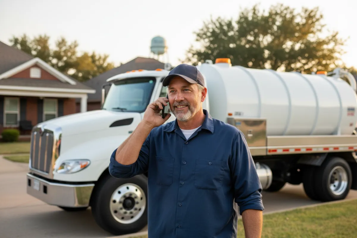 Happy septic business owner on the phone