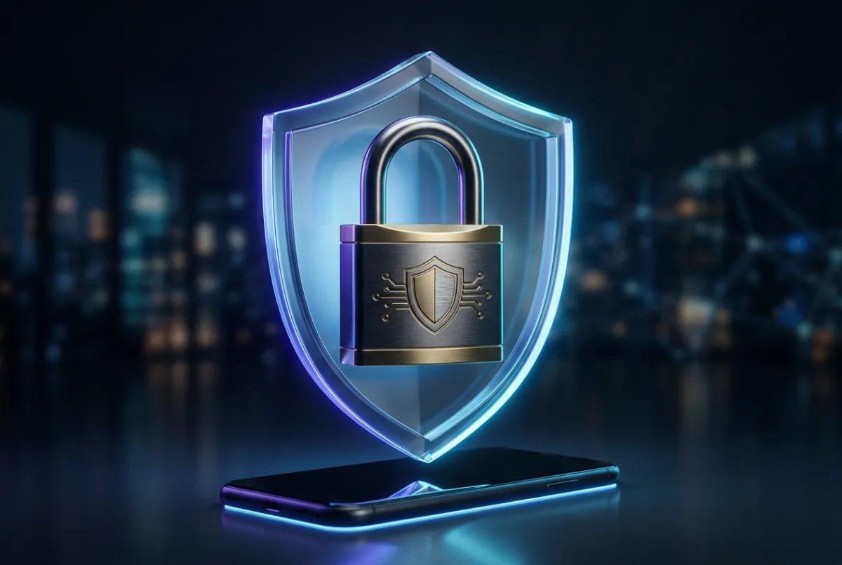 Private smartphone interface shielded in a high-security cryptographic vault showing zero spam calls