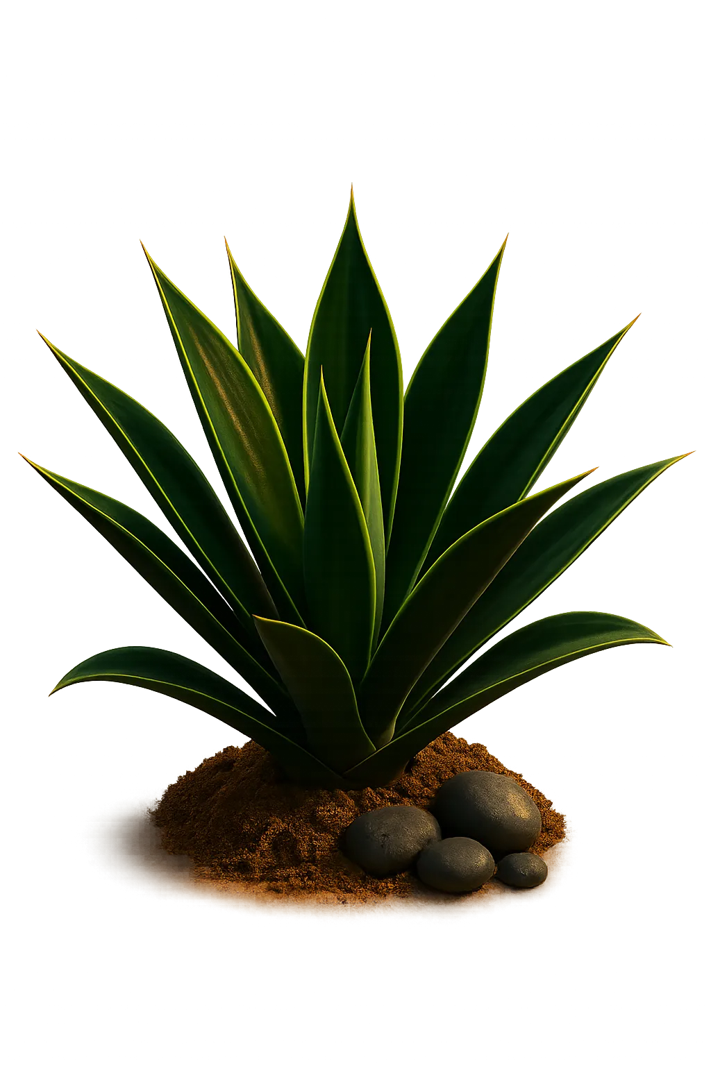 Sculptural Sonoran desert botanical specimen with architectural agave and basalt river stones cutout floating organically