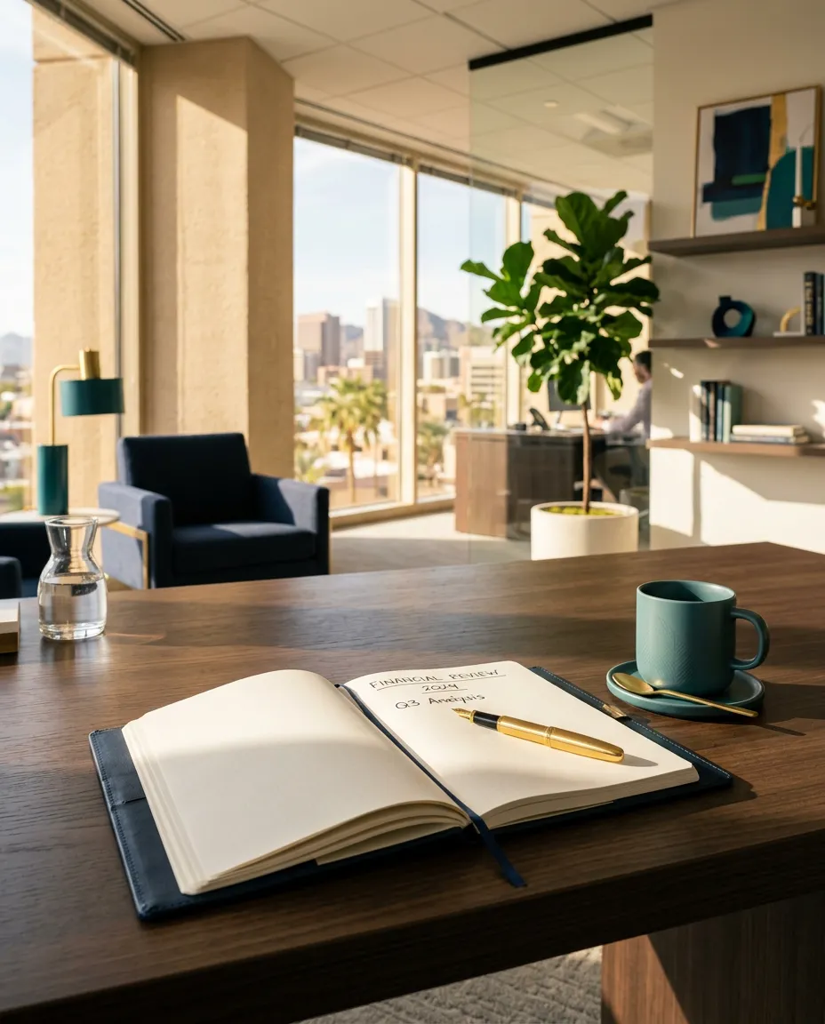 Sunlit modern executive accounting firm office interior with architectural desert styling and client discussion space