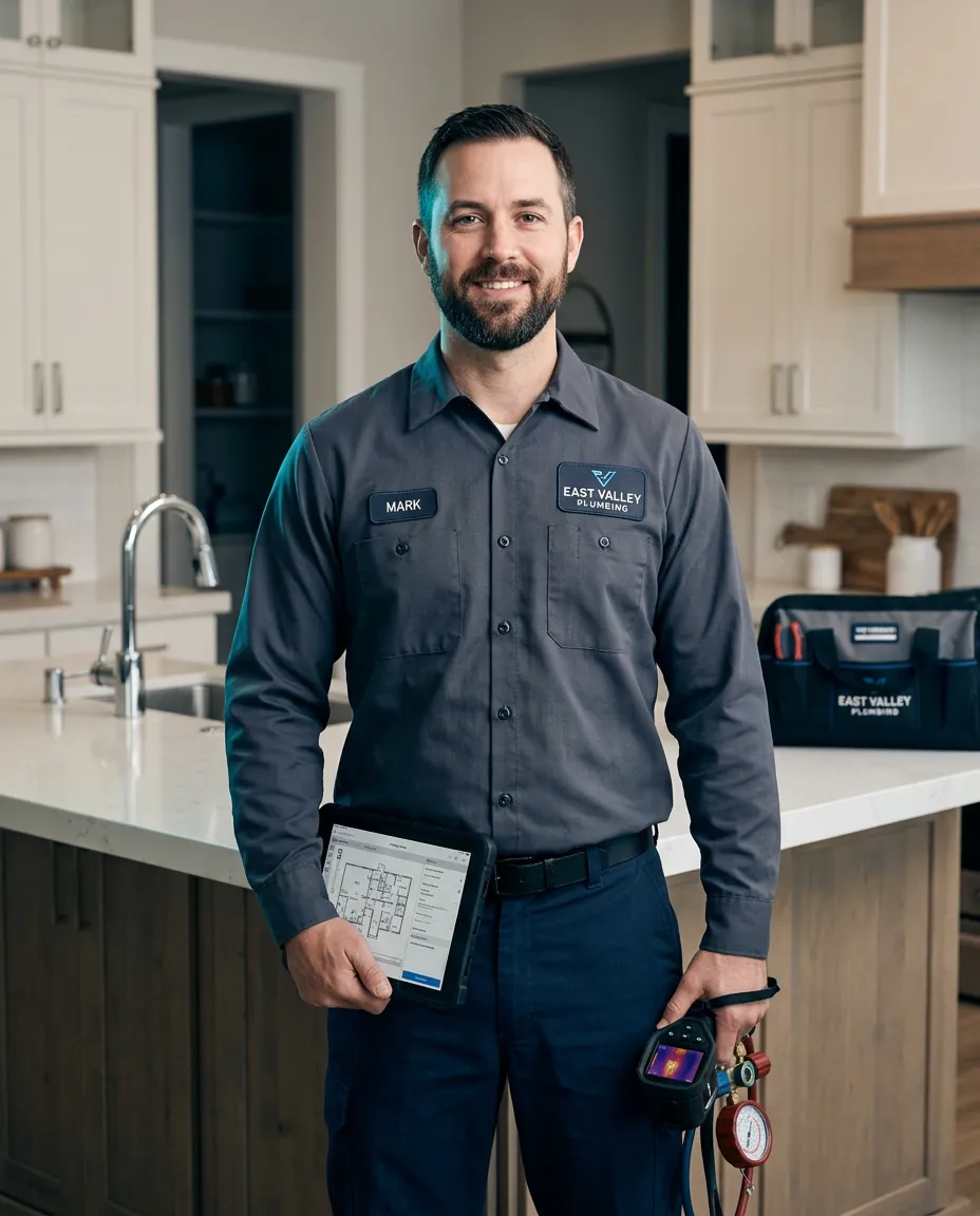 Professional technician with inspection equipment prepared for East Valley plumbing deployment