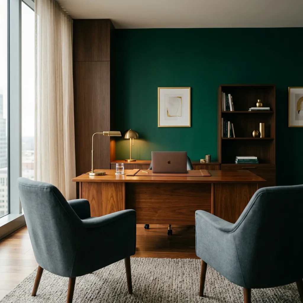 Warm, elegant private consultation office interior with rich wood furnishings and refined green accents