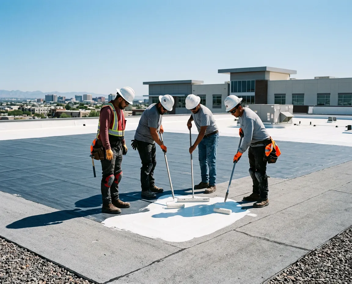 Sun-drenched UV-resistant heat shield roofing installation in the Phoenix Valley with severe desert exposure
