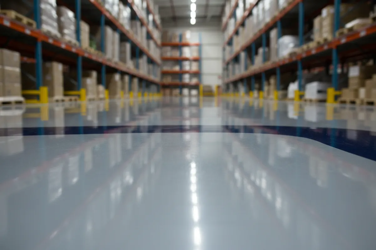 Finished epoxy floor in a warehouse or garage setting