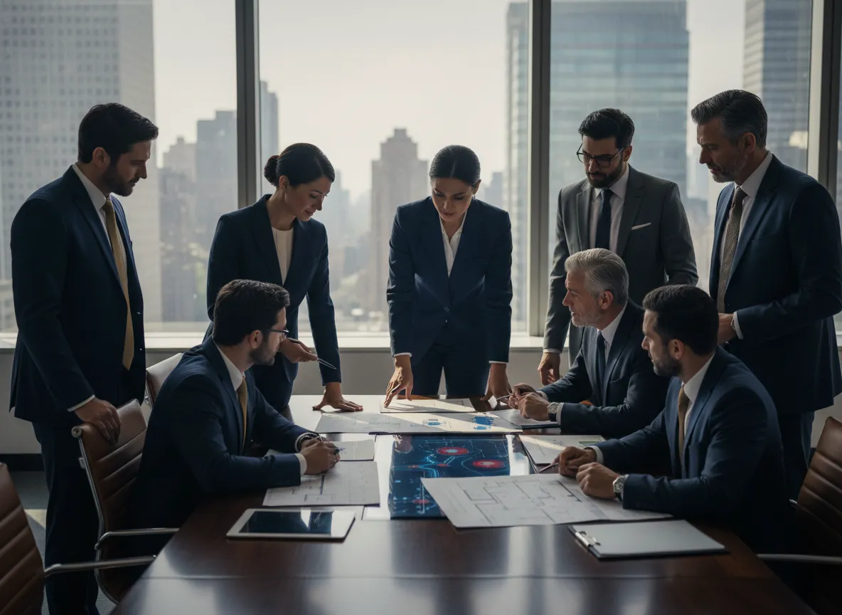 Professional security consultants reviewing risk plans in a corporate setting