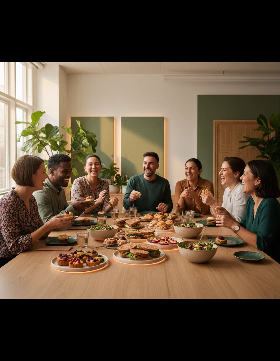 Happy office team enjoying a catered meal