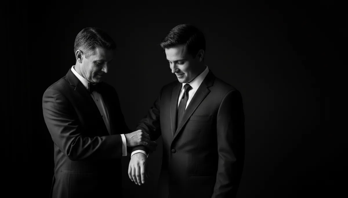 Padre acomodando la manga de su hijo antes de su boda