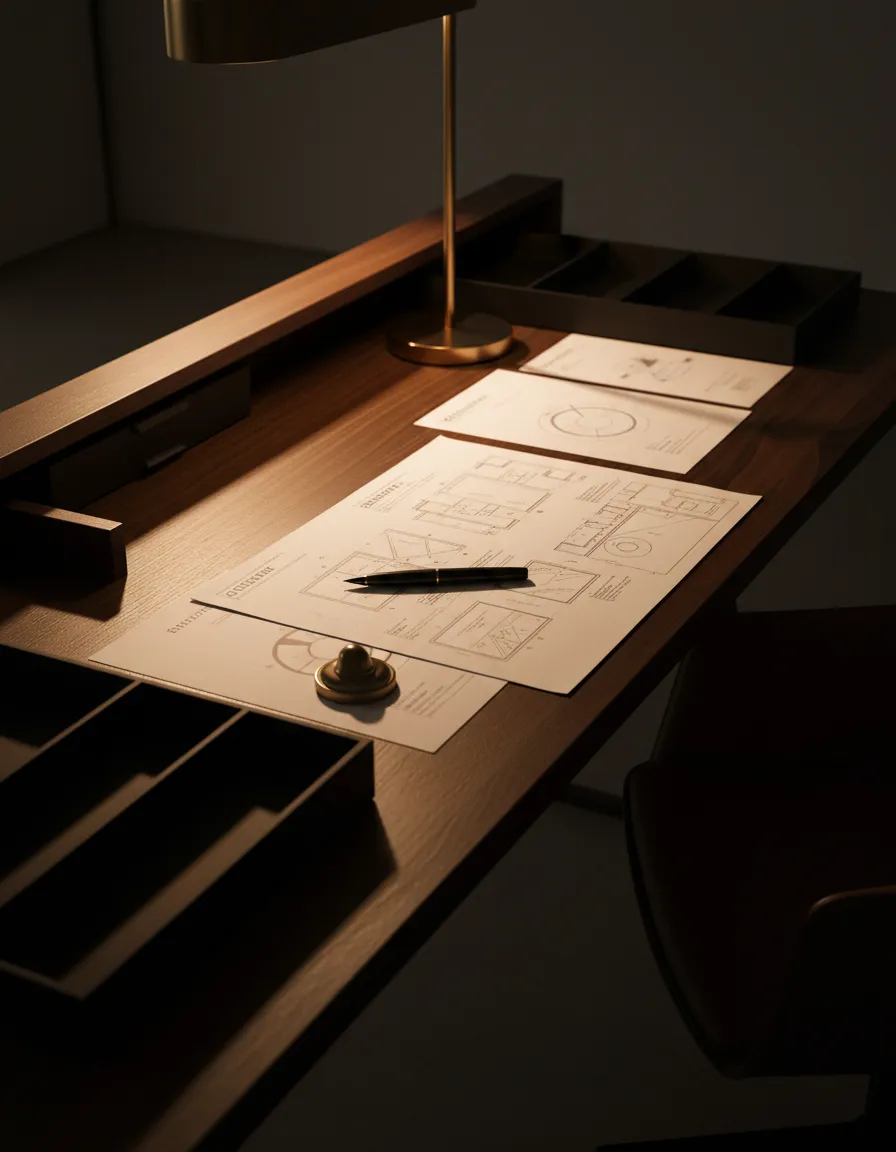 Meticulously organized desk with high-end architectural plans and strategy documents